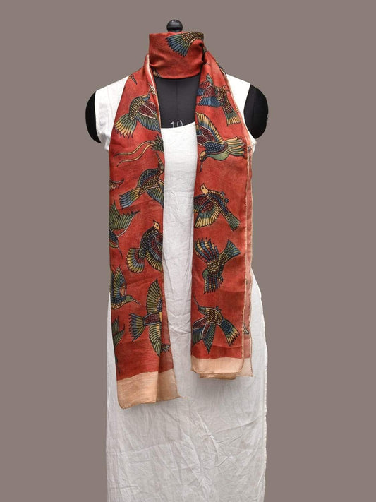 Red Kalamkari Hand Painted Silk Handloom Stole with Birds Design ds2265