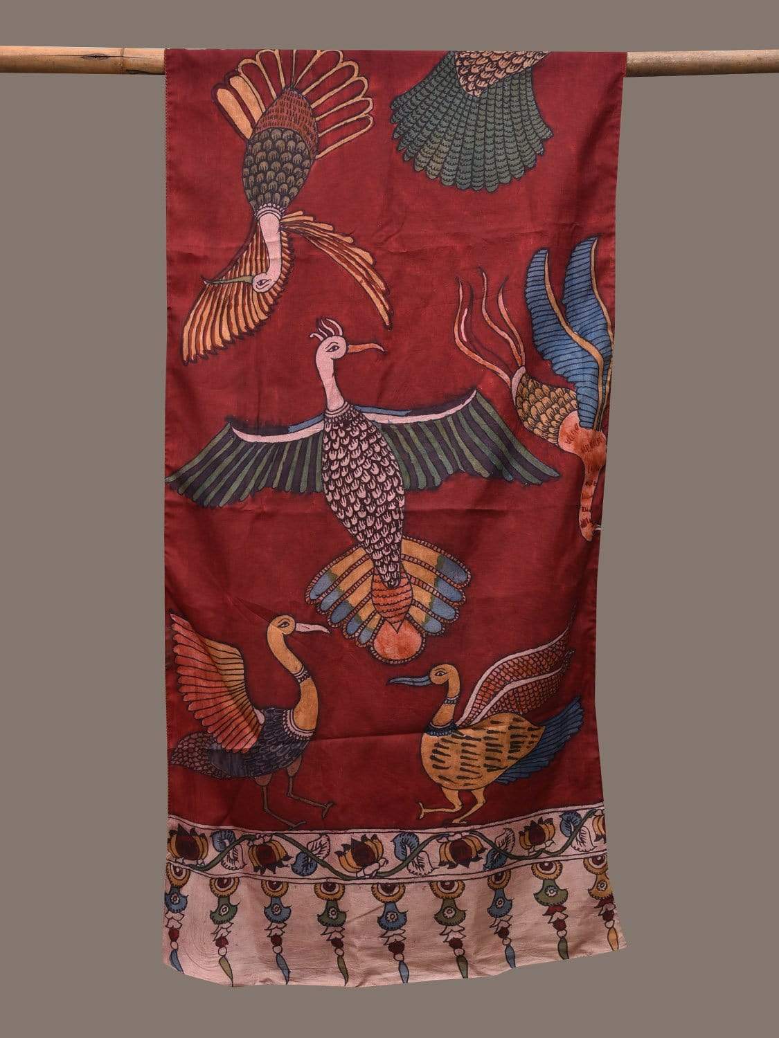 Red Kalamkari Hand Painted Silk Handloom Stole with Birds Design ds2341