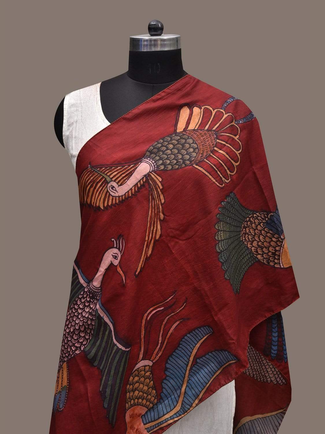 Red Kalamkari Hand Painted Silk Handloom Stole with Birds Design ds2341