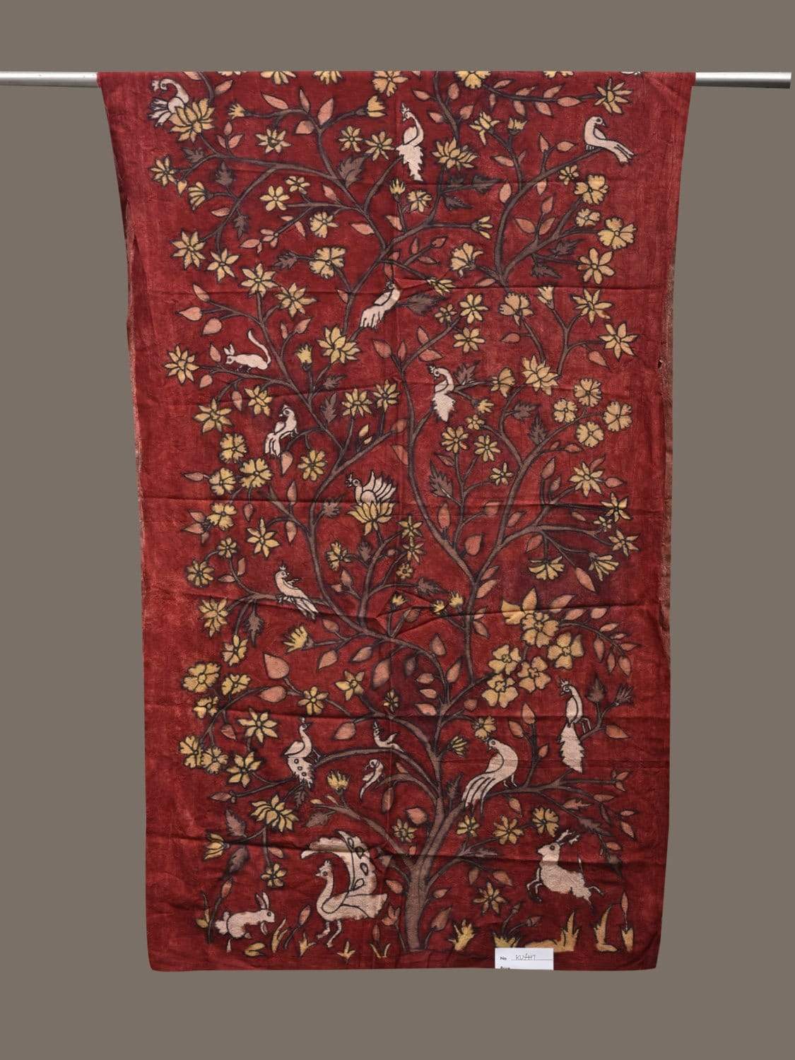 Red Kalamkari Hand Painted Silk Handloom Stole with Floral and Birds Design ds2465
