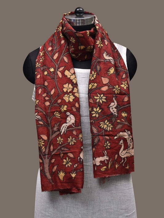 Red Kalamkari Hand Painted Silk Handloom Stole with Floral and Birds Design ds2465