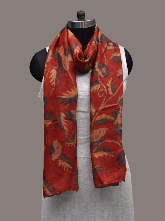 Red Kalamkari Hand Painted Silk Handloom Stole with Leaves Design ds2564