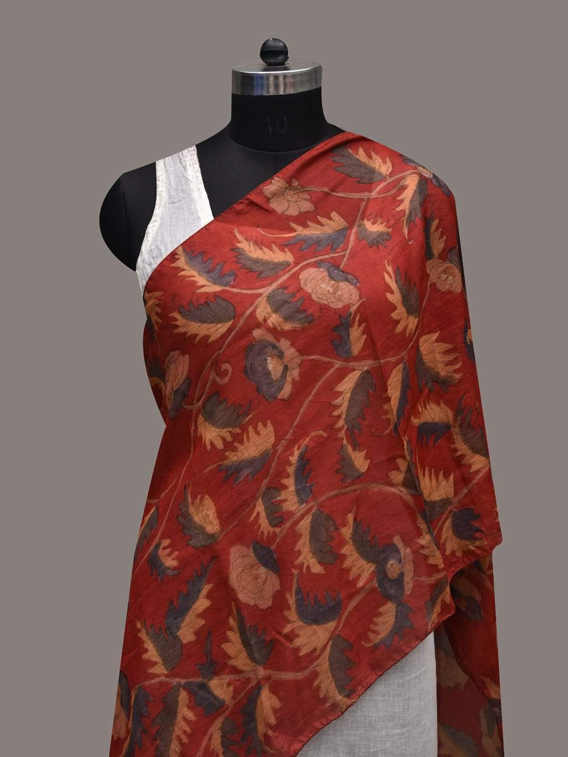 Red Kalamkari Hand Painted Silk Handloom Stole with Leaves Design ds2564