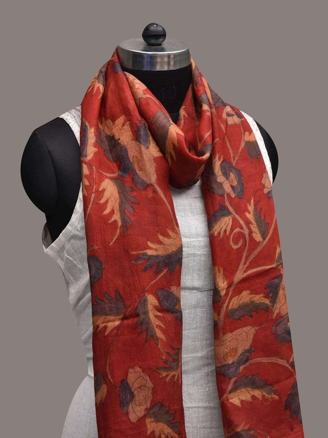 Red Kalamkari Hand Painted Silk Handloom Stole with Leaves Design ds2564