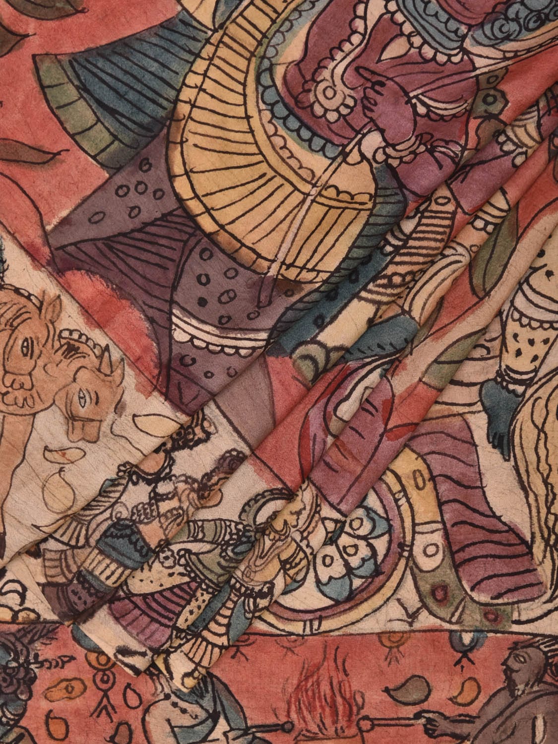 Red Kalamkari Hand Painted Silk Saree with Krishna Design KL0780