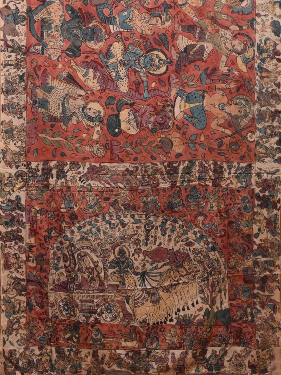 Red Kalamkari Hand Painted Silk Saree with Krishna Design KL0780