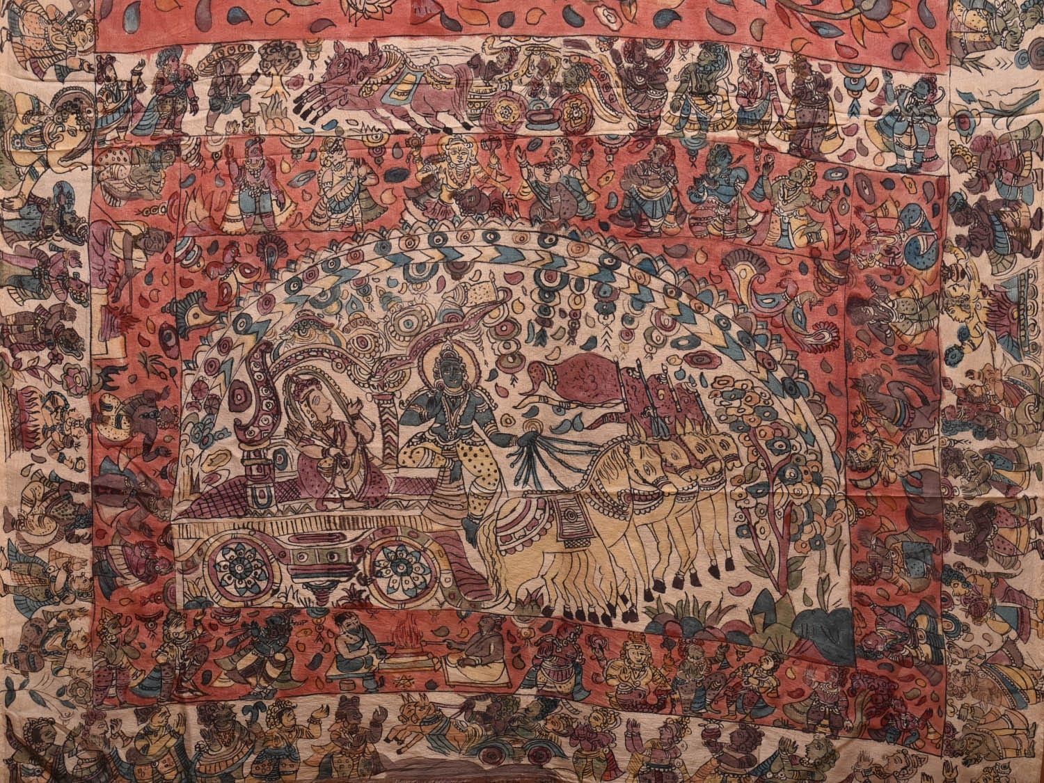 Red Kalamkari Hand Painted Silk Saree with Krishna Design KL0780