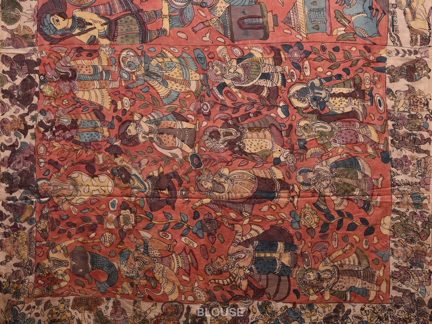 Red Kalamkari Hand Painted Silk Saree with Krishna Design KL0780