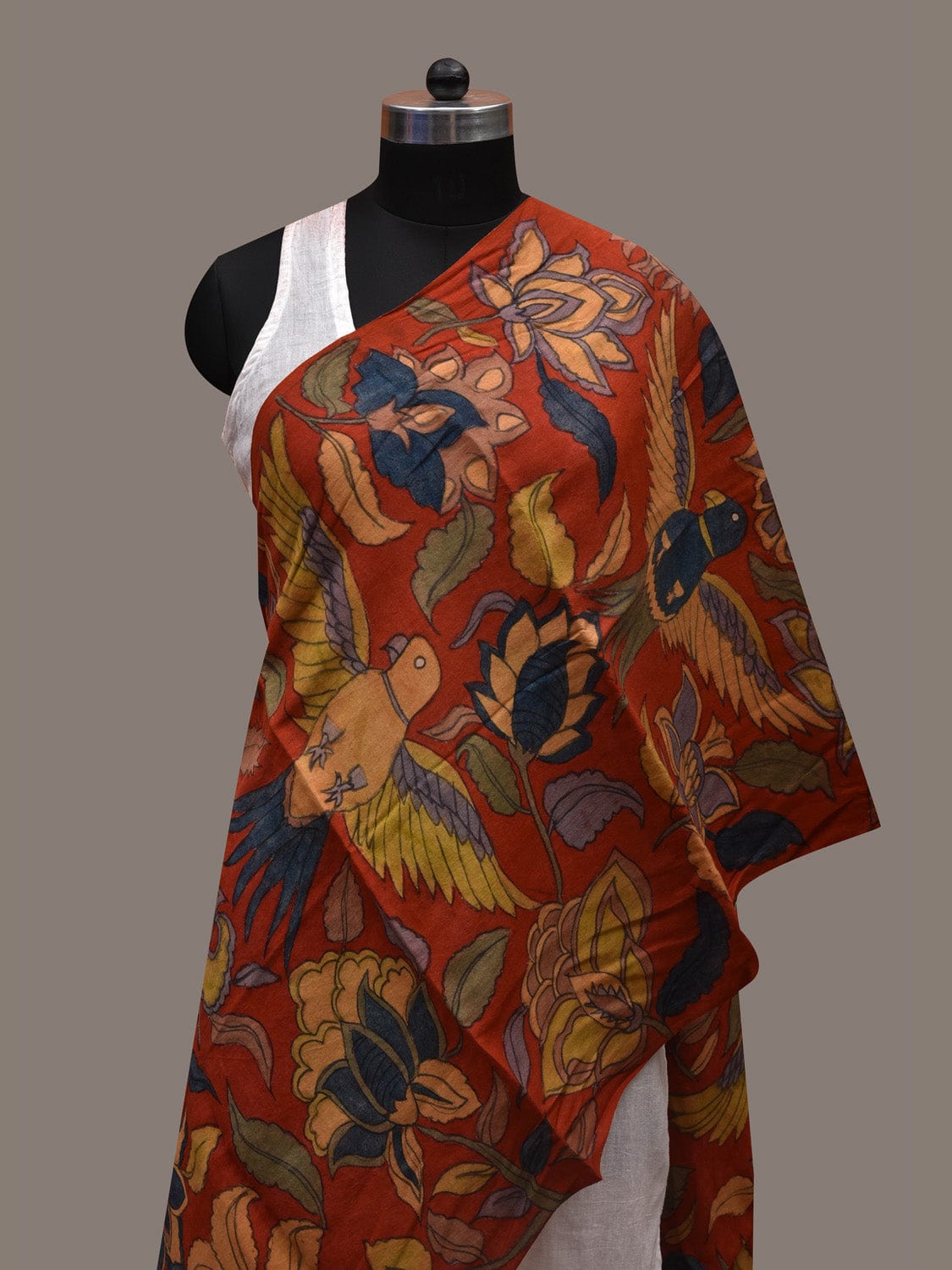 Red Kalamkari Hand Painted Spun Silk Handloom Stole with Flowers and Birds Design ds2682