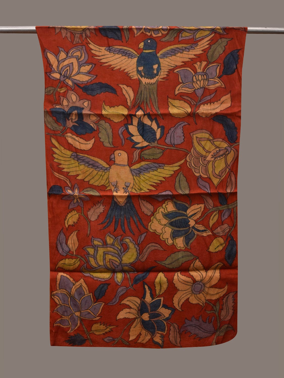 Red Kalamkari Hand Painted Spun Silk Handloom Stole with Flowers and Birds Design ds2682