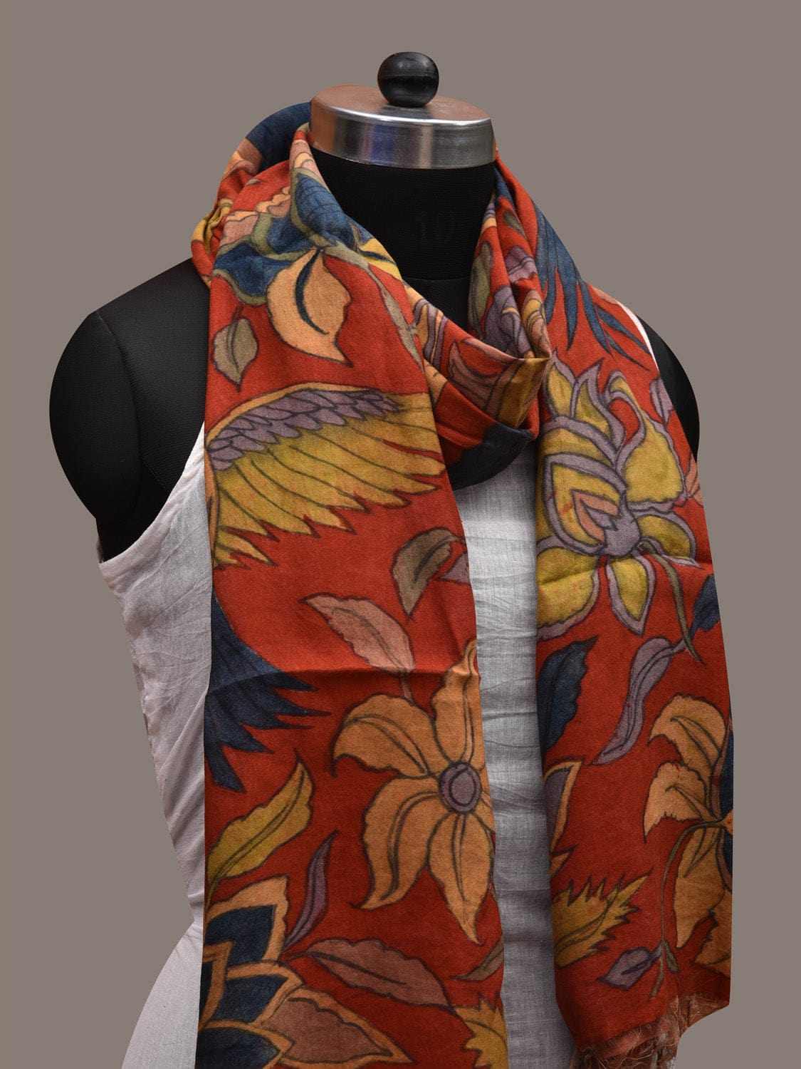 Red Kalamkari Hand Painted Spun Silk Handloom Stole with Flowers and Birds Design ds2682