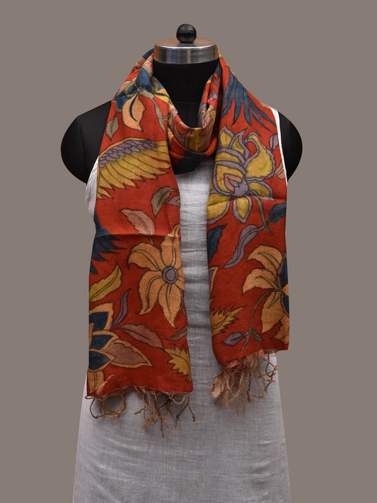Red Kalamkari Hand Painted Spun Silk Handloom Stole with Flowers and Birds Design ds2682