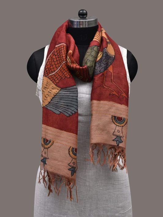 Red Kalamkari Hand Painted Tussar Handloom Dupatta with Birds Design ds2432