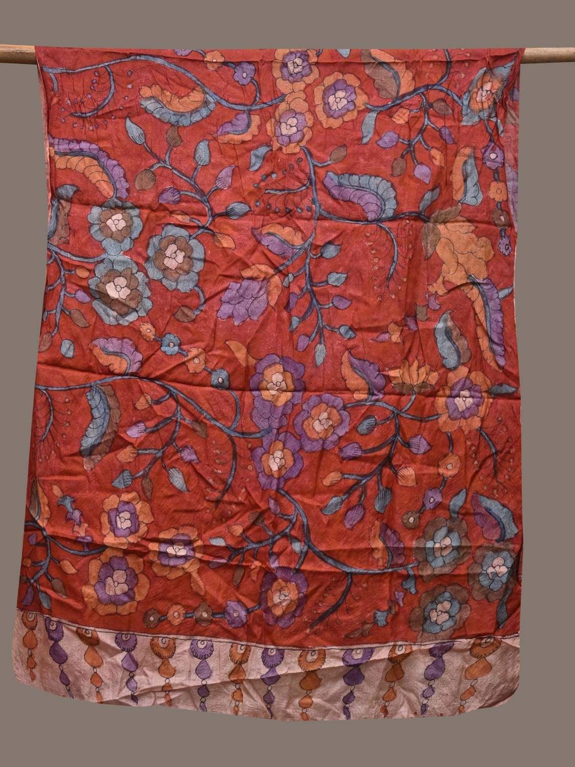 Red Kalamkari Hand Painted Tussar Handloom Dupatta with Floral Design ds2332