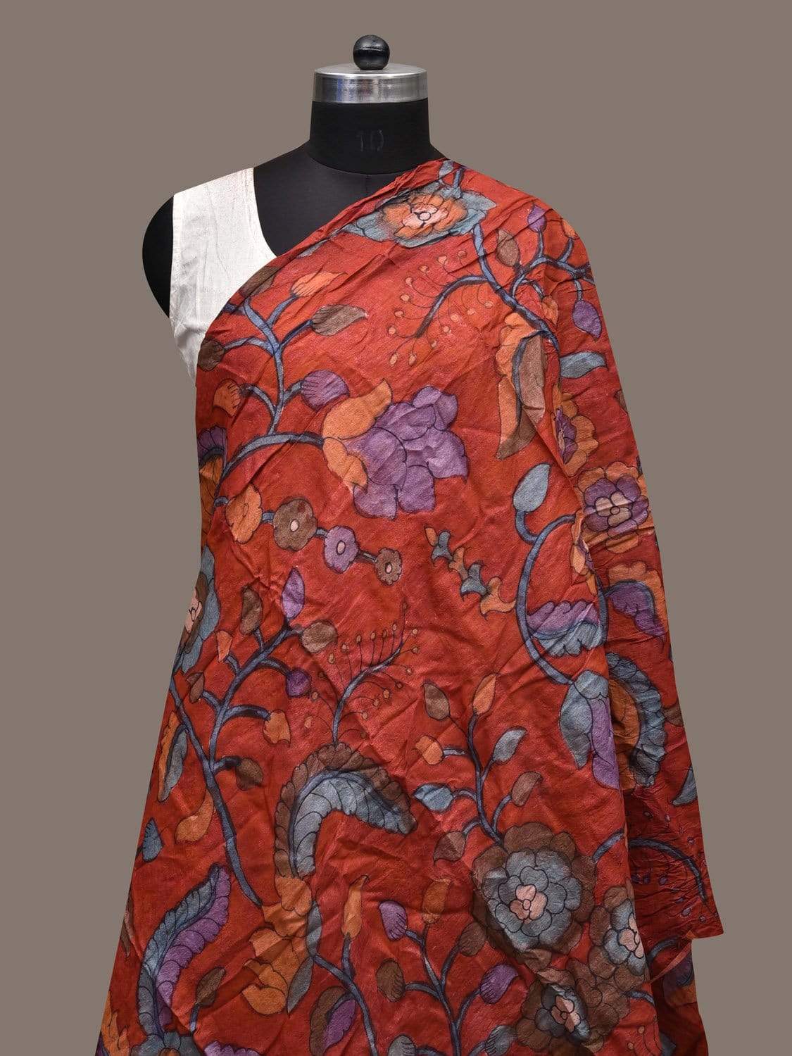 Red Kalamkari Hand Painted Tussar Handloom Dupatta with Floral Design ds2332
