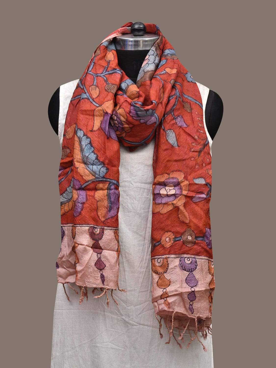 Red Kalamkari Hand Painted Tussar Handloom Dupatta with Floral Design ds2332