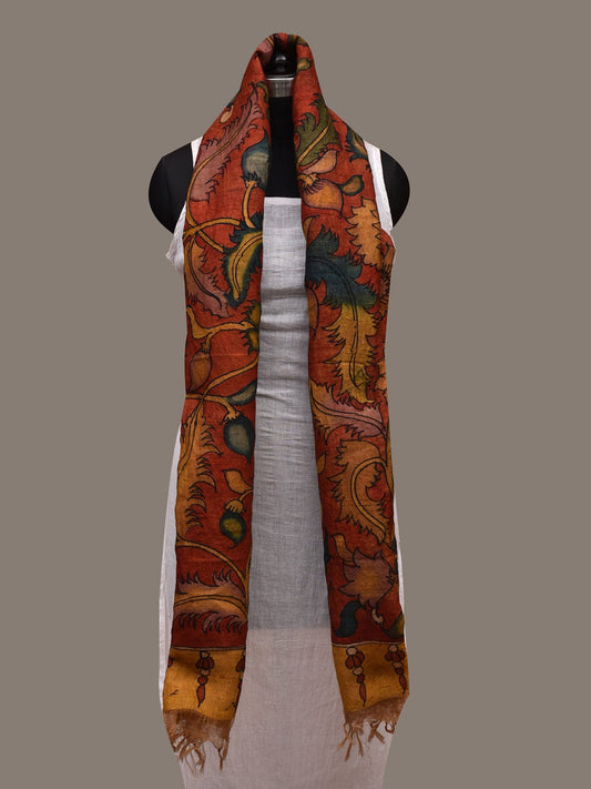 Red Kalamkari Hand Painted Tussar Handloom Dupatta with Floral Design ds2696