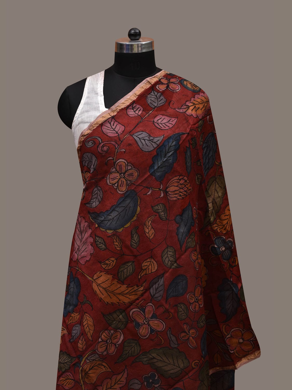 Red Kalamkari Hand Painted Tussar Handloom Dupatta with Floral Design ds2726
