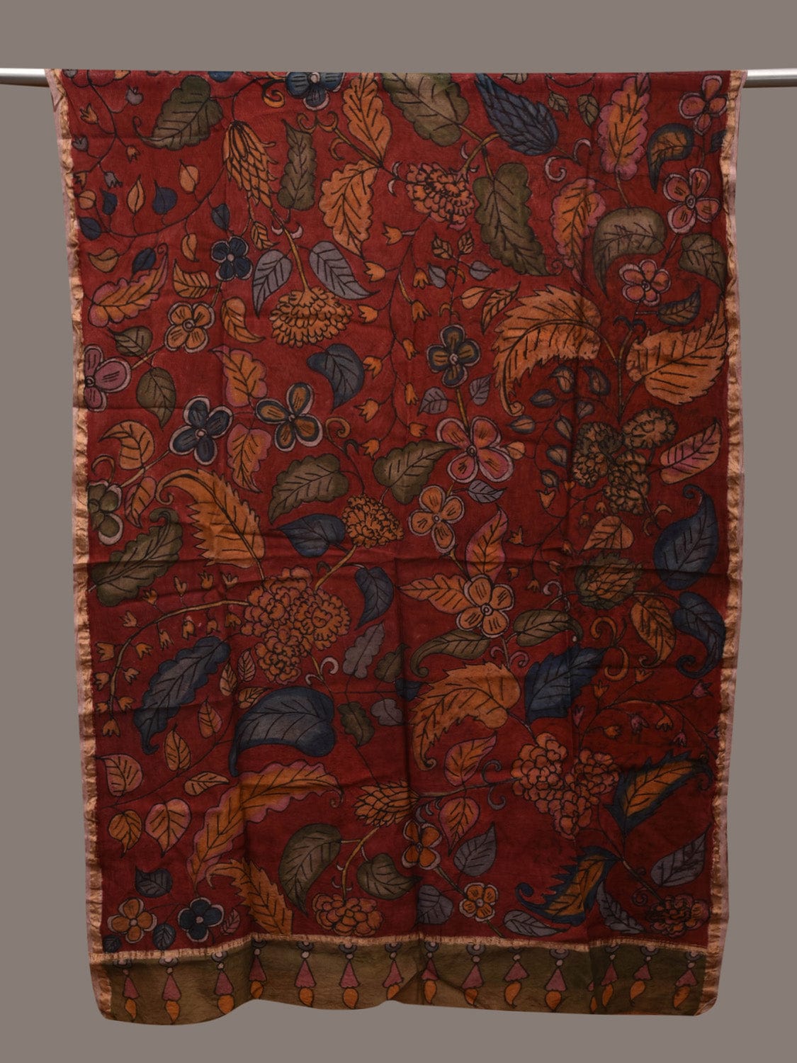 Red Kalamkari Hand Painted Tussar Handloom Dupatta with Floral Design ds2726