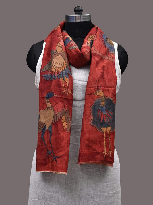 Red Kalamkari Hand Painted Tussar Handloom Stole with Birds Design ds2417
