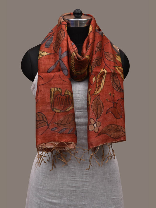Red Kalamkari Hand Painted Tussar Handloom Stole with Floral Design ds2680