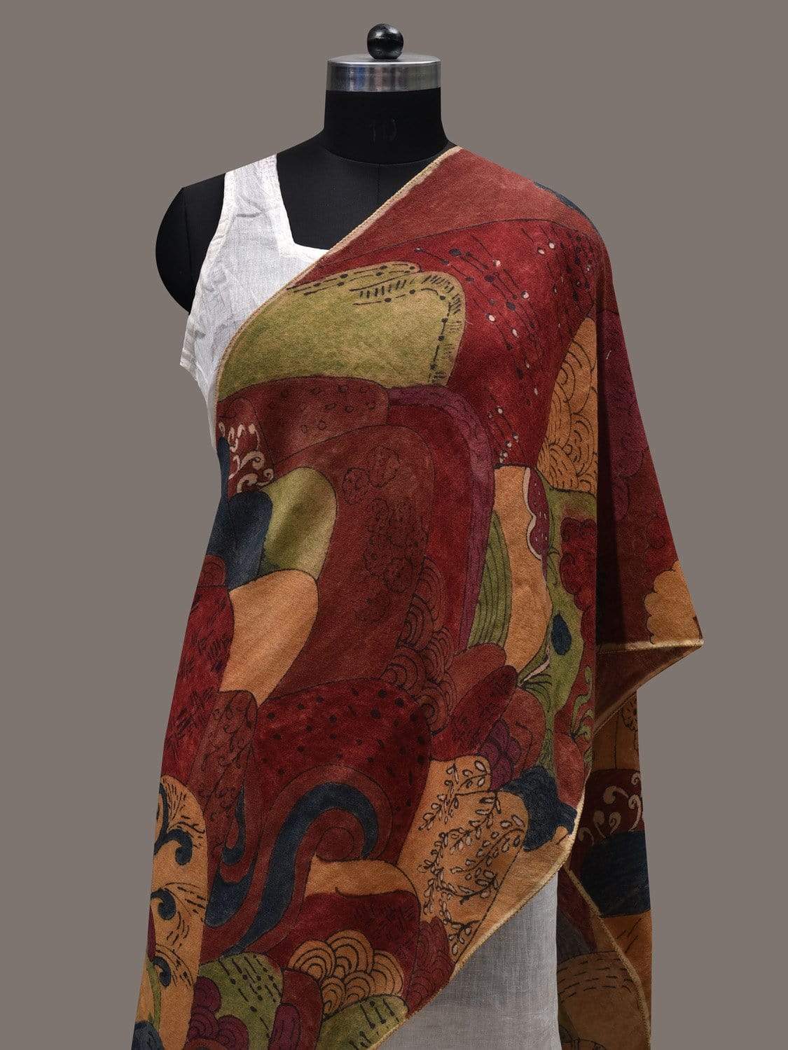 Red Kalamkari Hand Painted Woolen Handloom Stole with Mountains Design ds2440