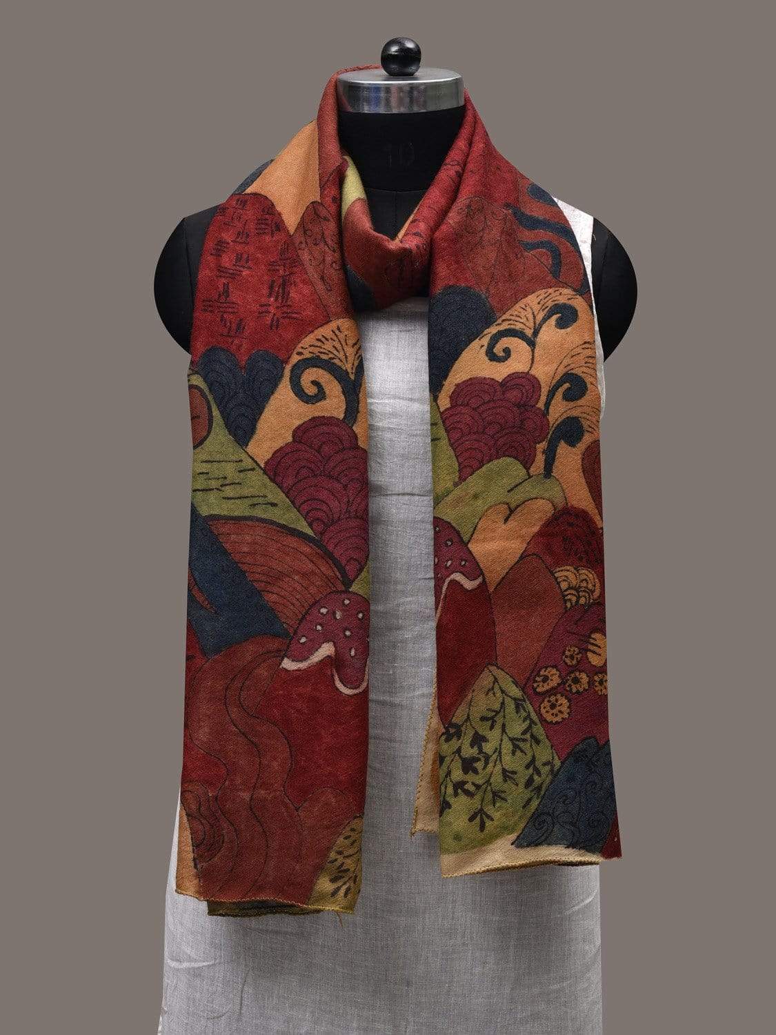 Red Kalamkari Hand Painted Woolen Handloom Stole with Mountains Design ds2440