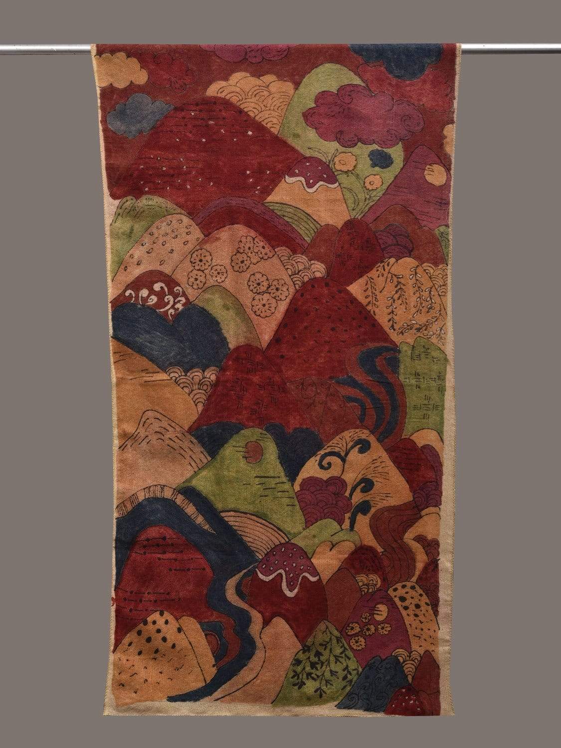 Red Kalamkari Hand Painted Woolen Handloom Stole with Mountains Design ds2440