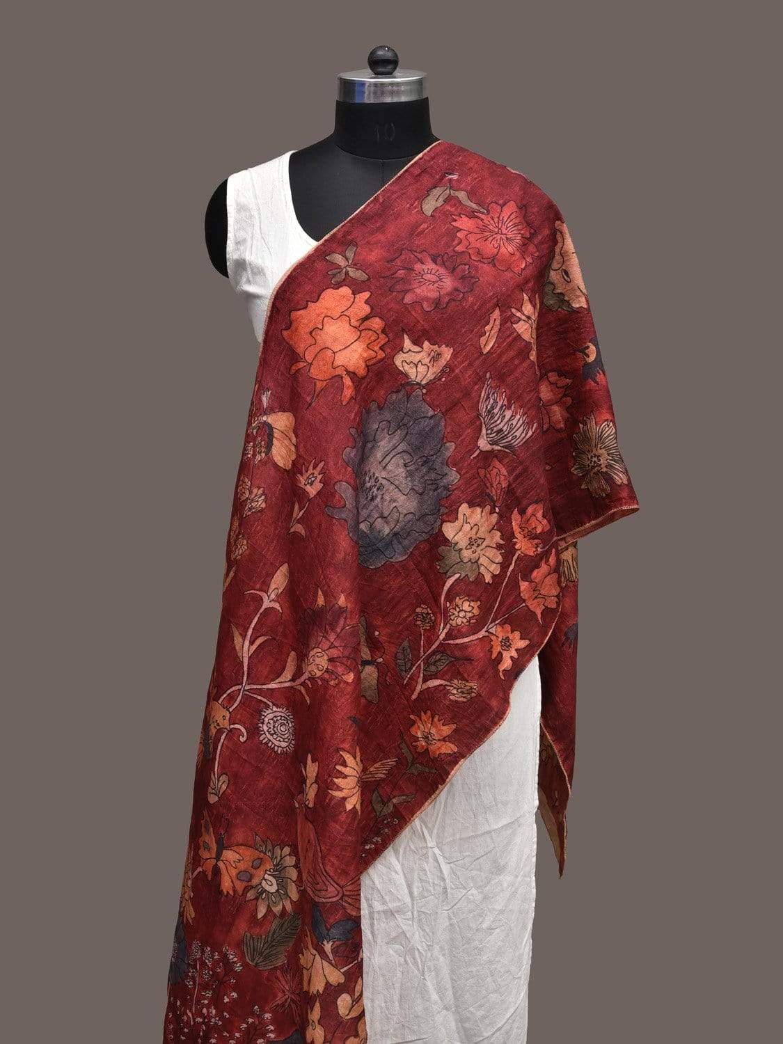 Red Kalamkari Hand Printed Silk Handloom Stole with Floral and Birds Design ds2246