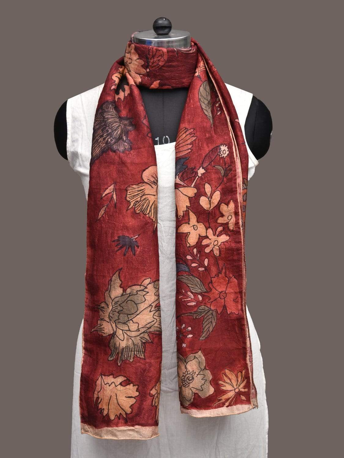 Red Kalamkari Hand Printed Silk Handloom Stole with Floral and Birds Design ds2246