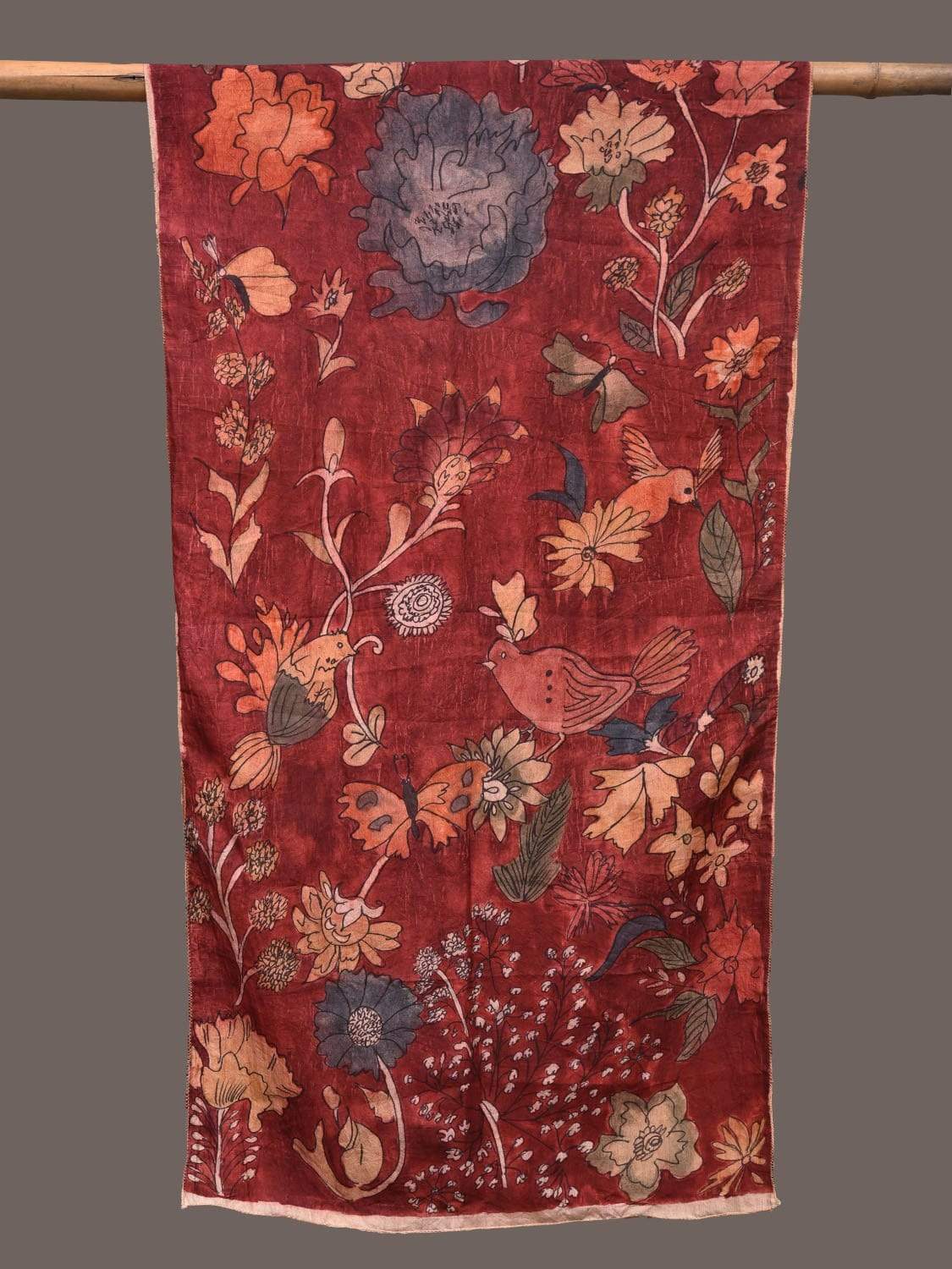 Red Kalamkari Hand Printed Silk Handloom Stole with Floral and Birds Design ds2246
