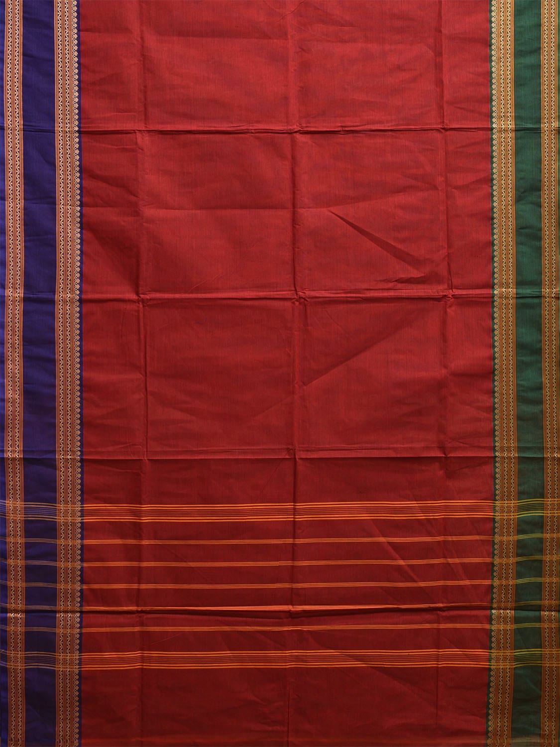 Red Kanchipuram Cotton Plain Saree with Ganga-Jamuna Border Design Kalamkari Blouse k0826