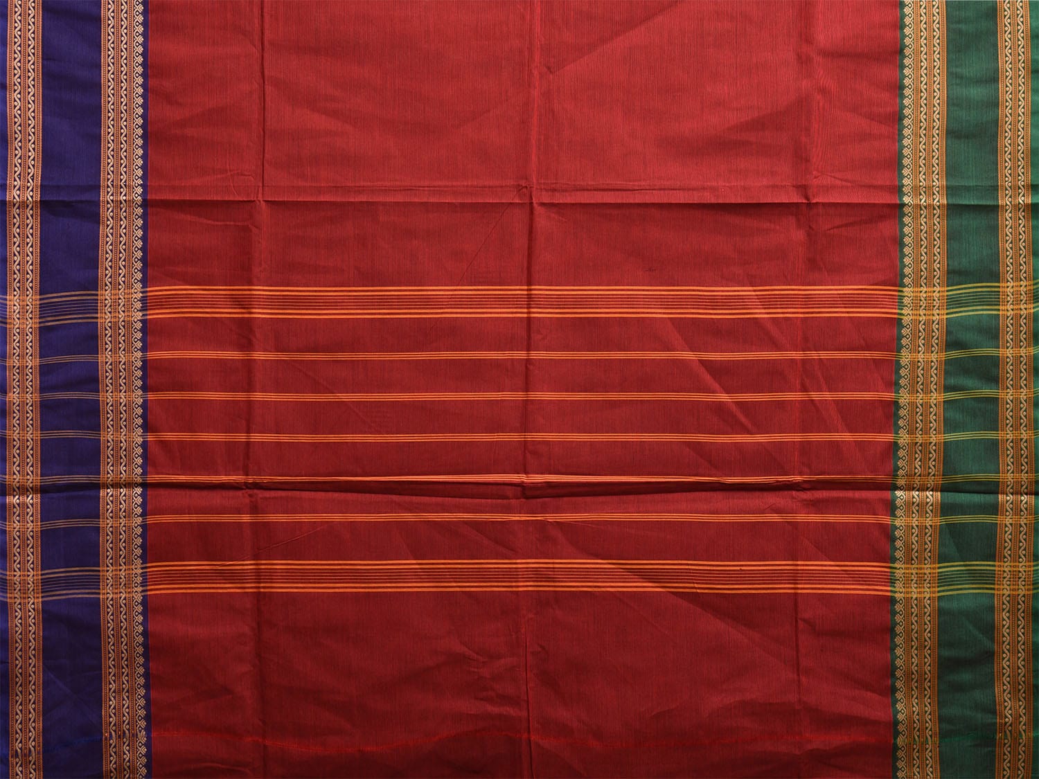 Red Kanchipuram Cotton Plain Saree with Ganga-Jamuna Border Design Kalamkari Blouse k0826
