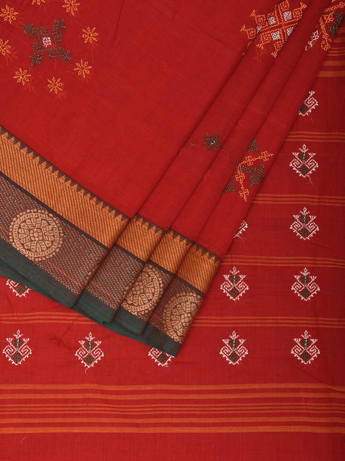Red Kanchipuram Cotton Saree with Kasuti Work and Border Design o0650