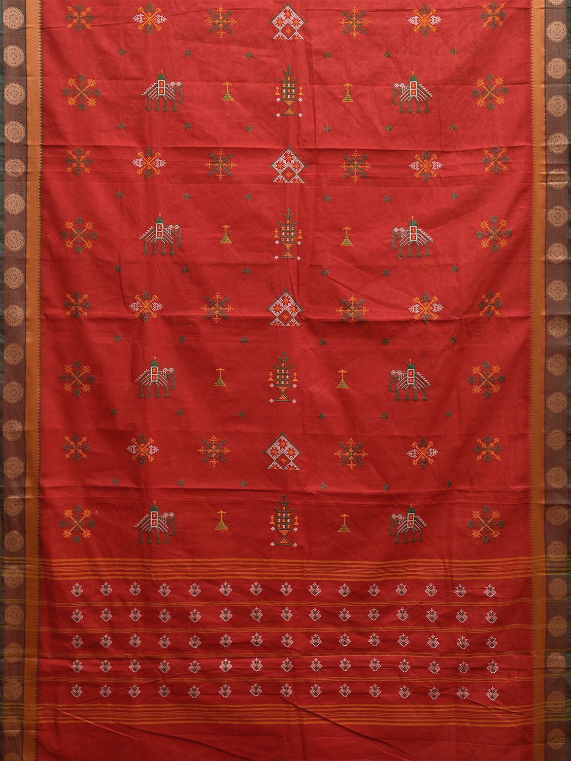 Red Kanchipuram Cotton Saree with Kasuti Work and Border Design o0650