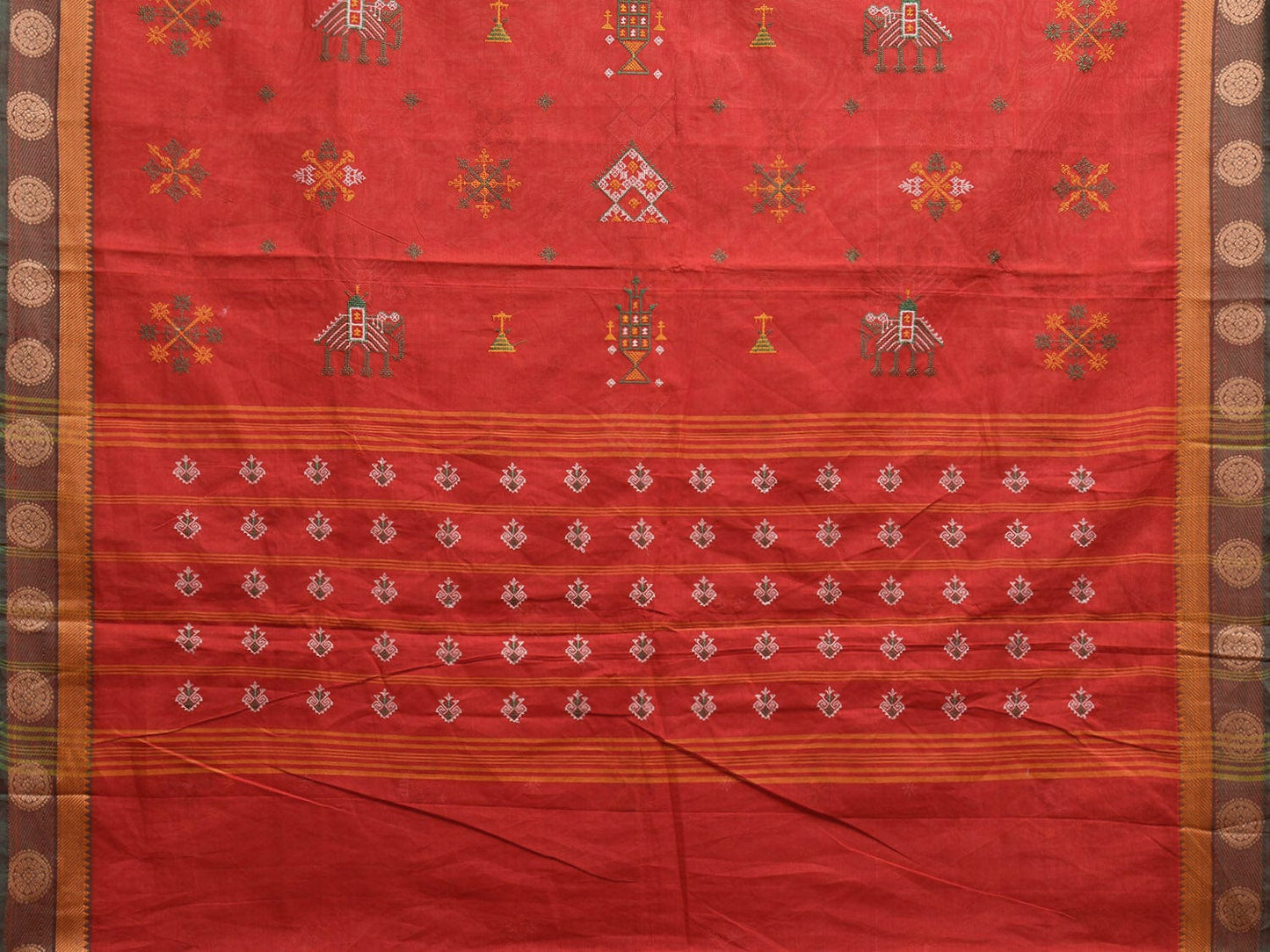 Red Kanchipuram Cotton Saree with Kasuti Work and Border Design o0650