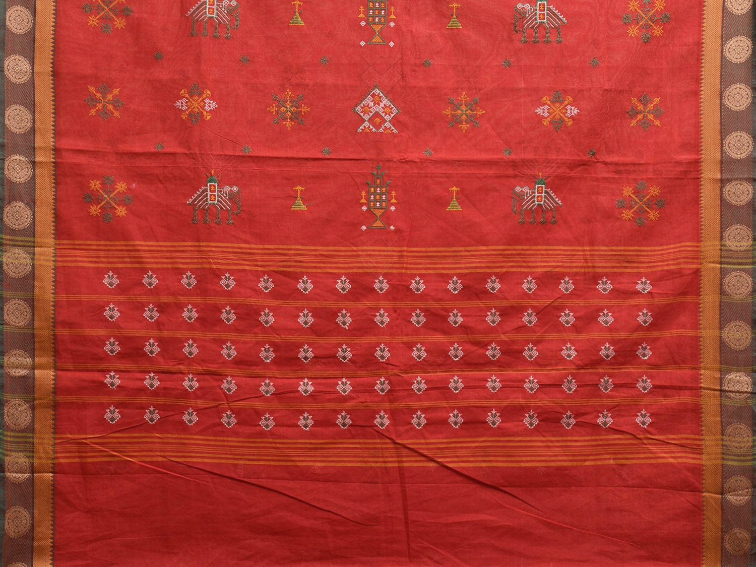 Red Kanchipuram Cotton Saree with Kasuti Work and Border Design o0650