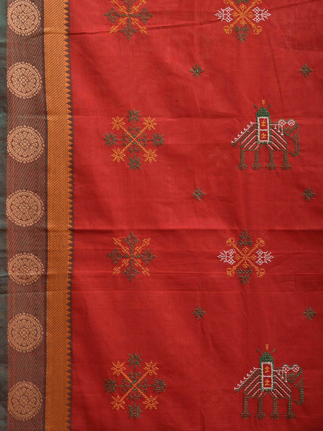 Red Kanchipuram Cotton Saree with Kasuti Work and Border Design o0650