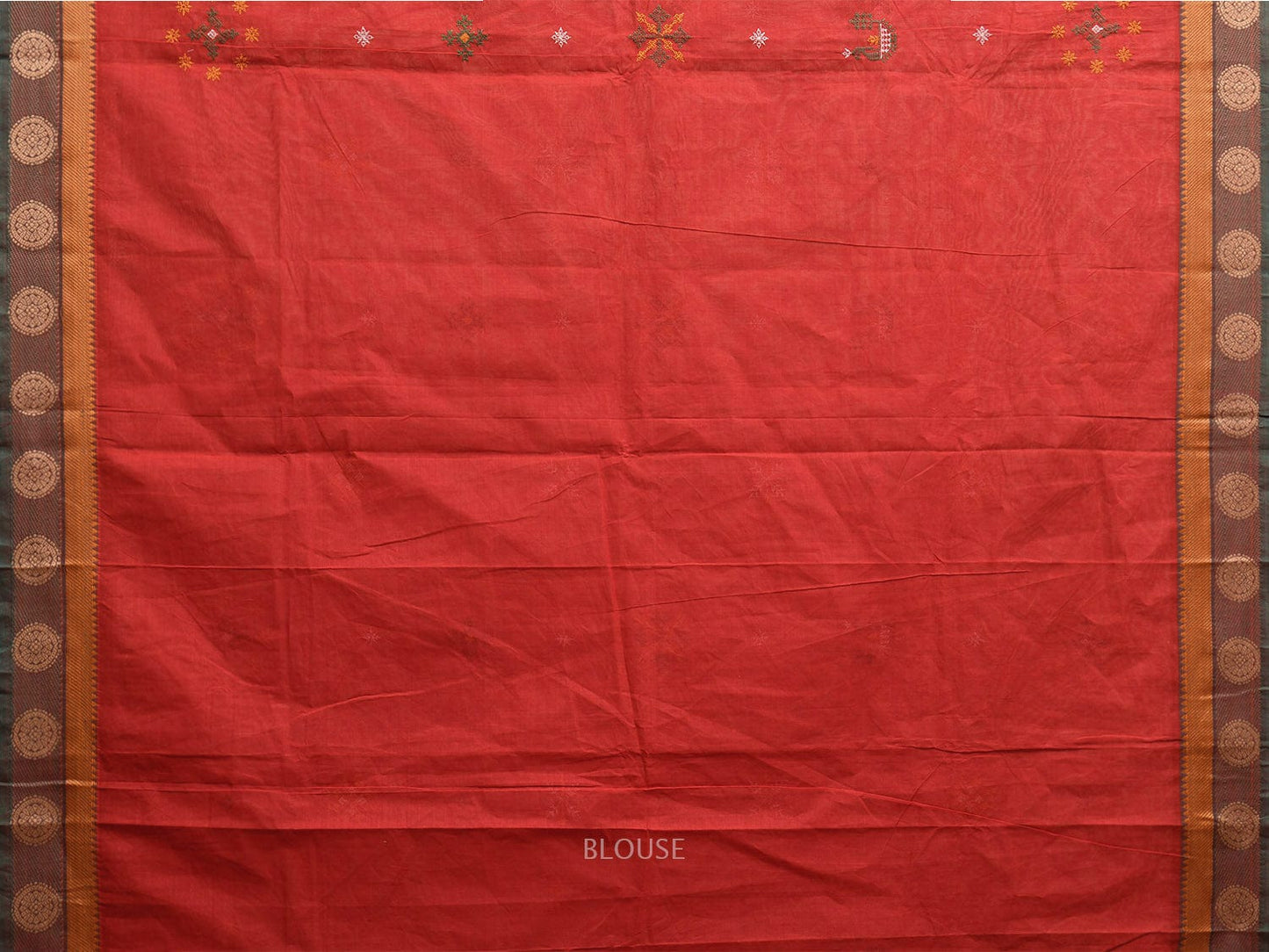 Red Kanchipuram Cotton Saree with Kasuti Work and Border Design o0650