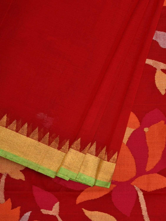Red Khadi Cotton Handloom Saree with Floral Pallu Design kh0530