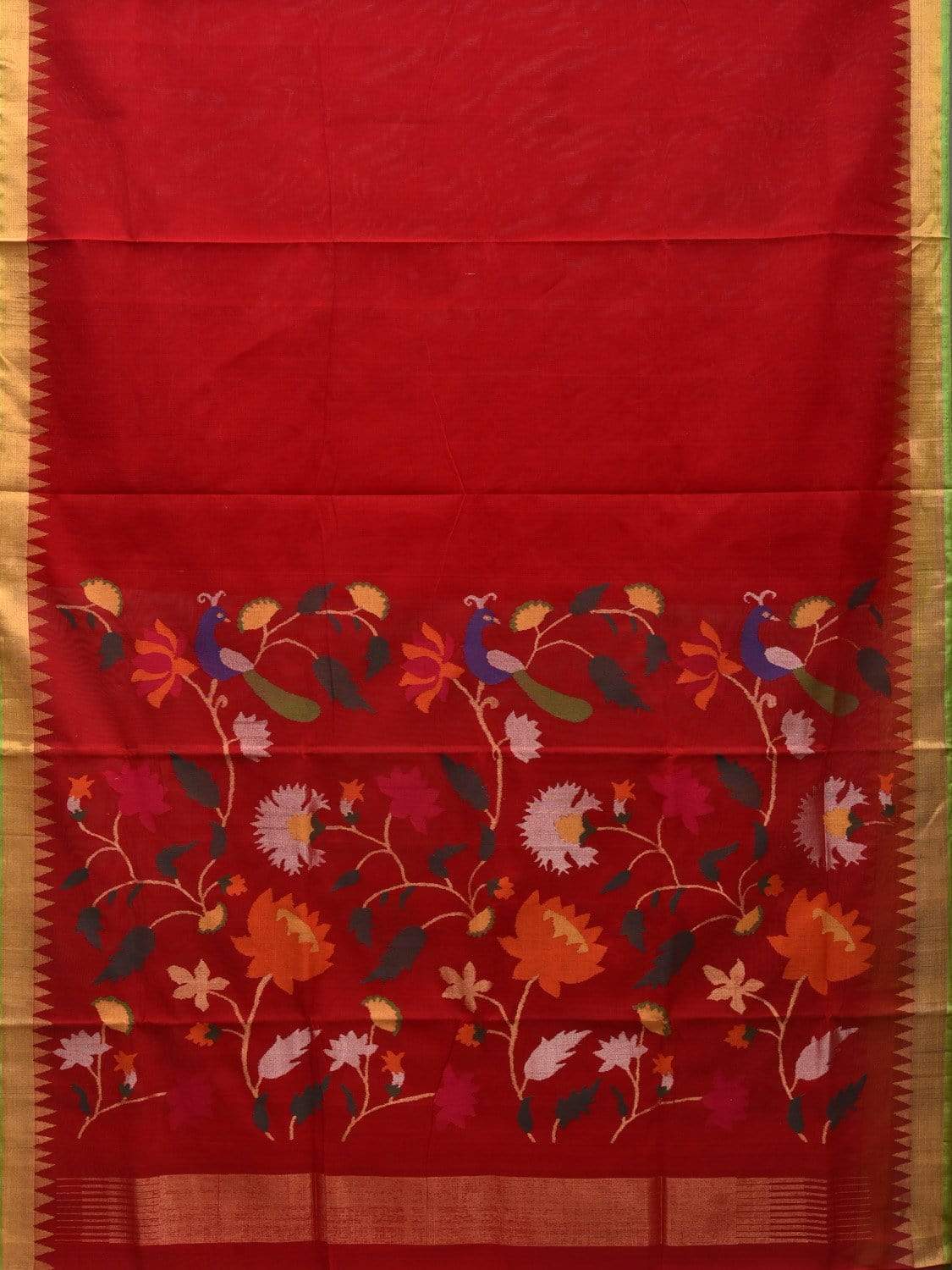 Red Khadi Cotton Handloom Saree with Peacock and Lotus Pallu Design kh0532