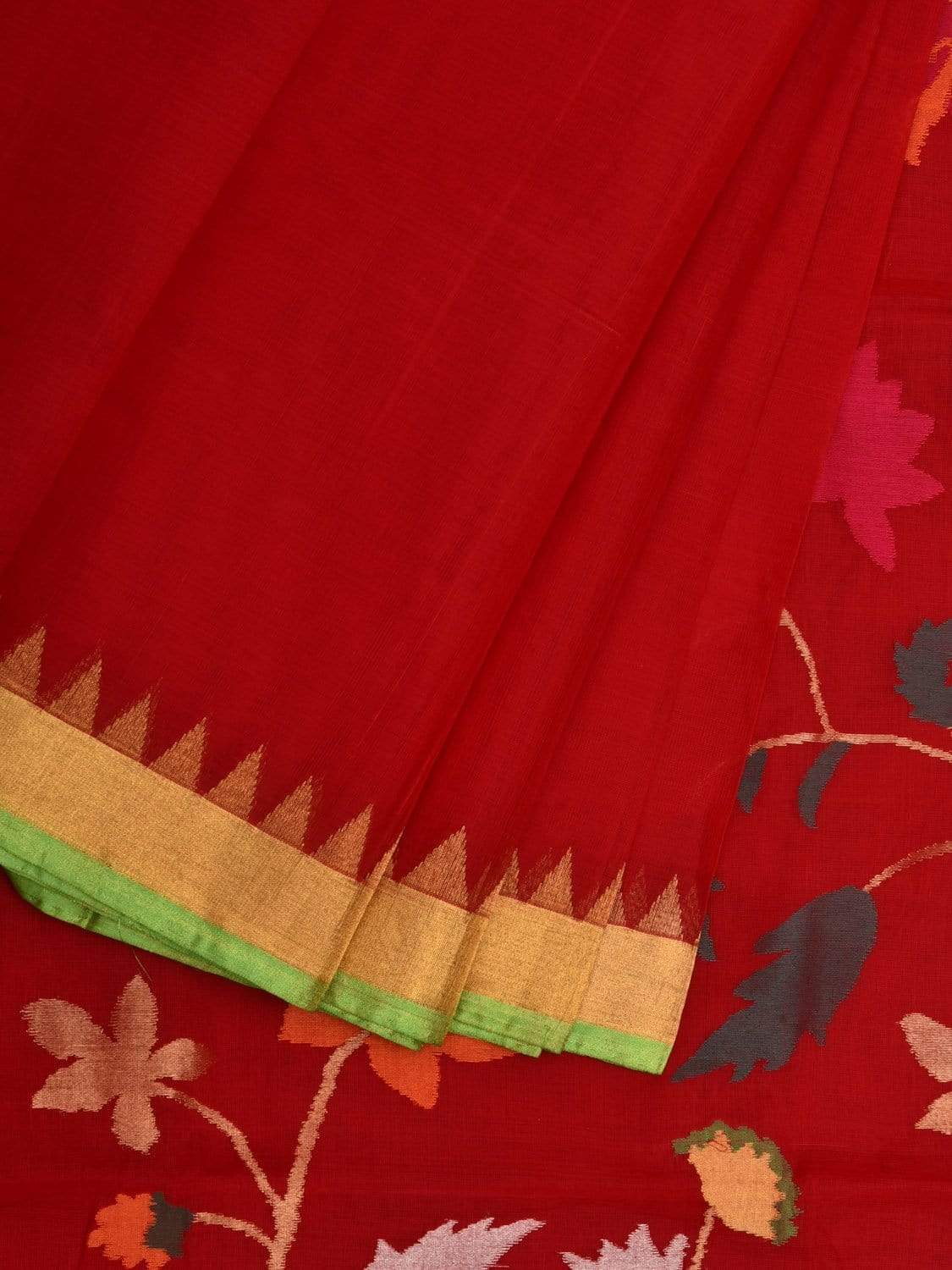 Red Khadi Cotton Handloom Saree with Peacock and Lotus Pallu Design kh0532