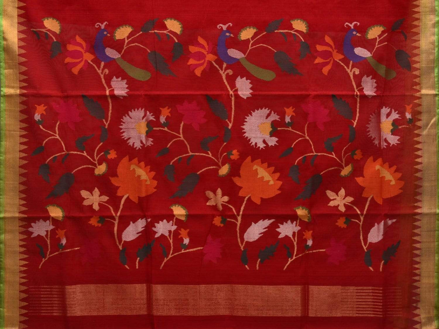 Red Khadi Cotton Handloom Saree with Peacock and Lotus Pallu Design kh0532
