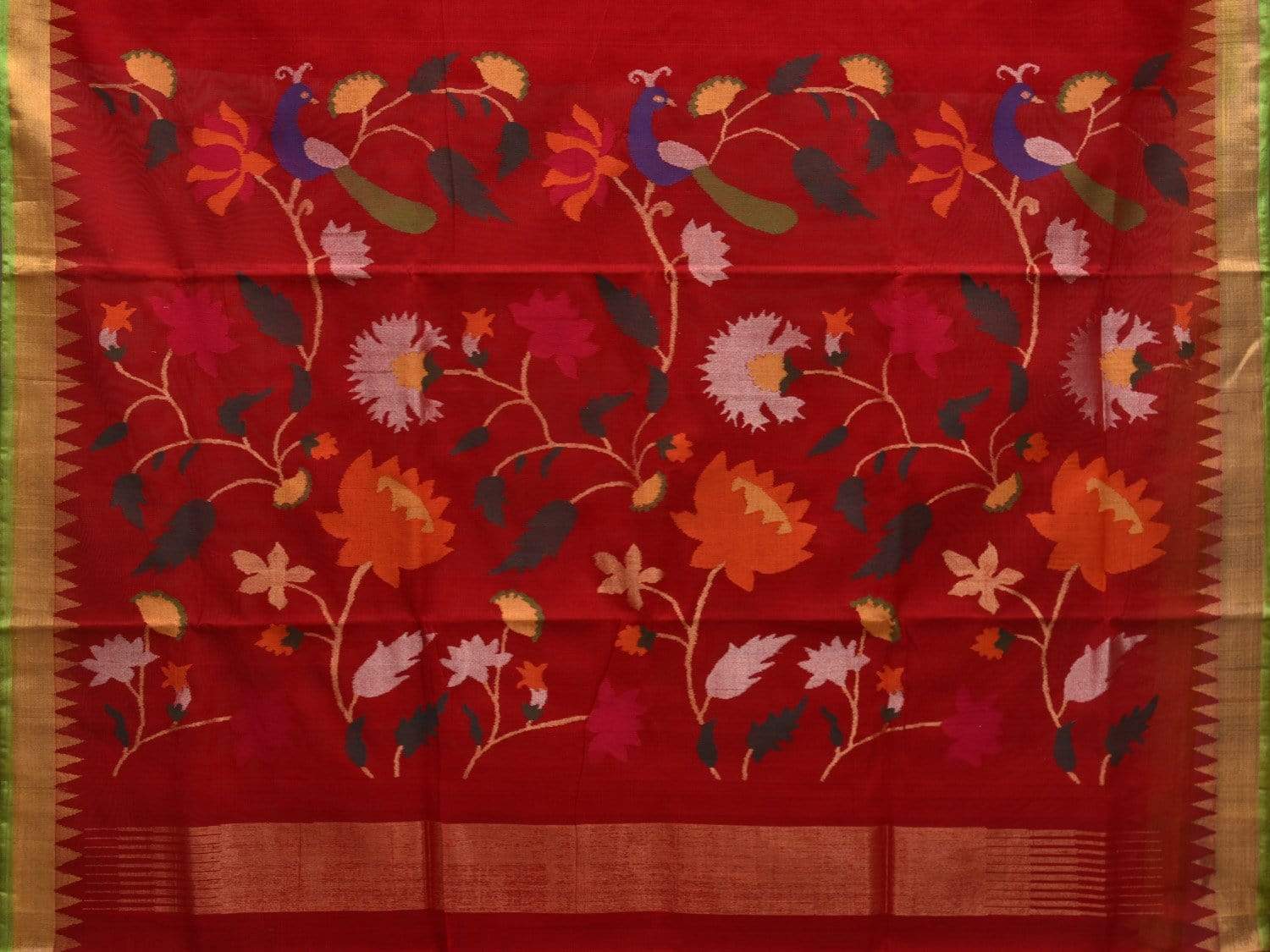 Red Khadi Cotton Handloom Saree with Peacock and Lotus Pallu Design kh0532