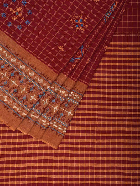Red Narayanpet Cotton Handloom Saree with Kasuti Work and Checks Design o0647