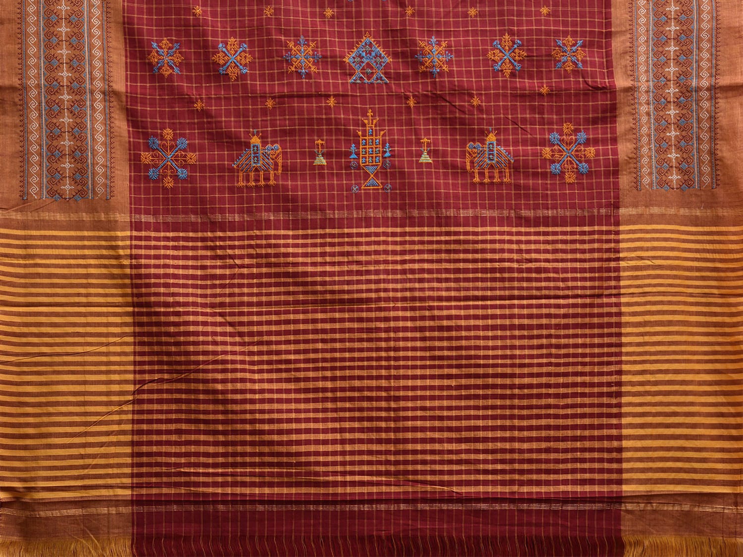 Red Narayanpet Cotton Handloom Saree with Kasuti Work and Checks Design o0647