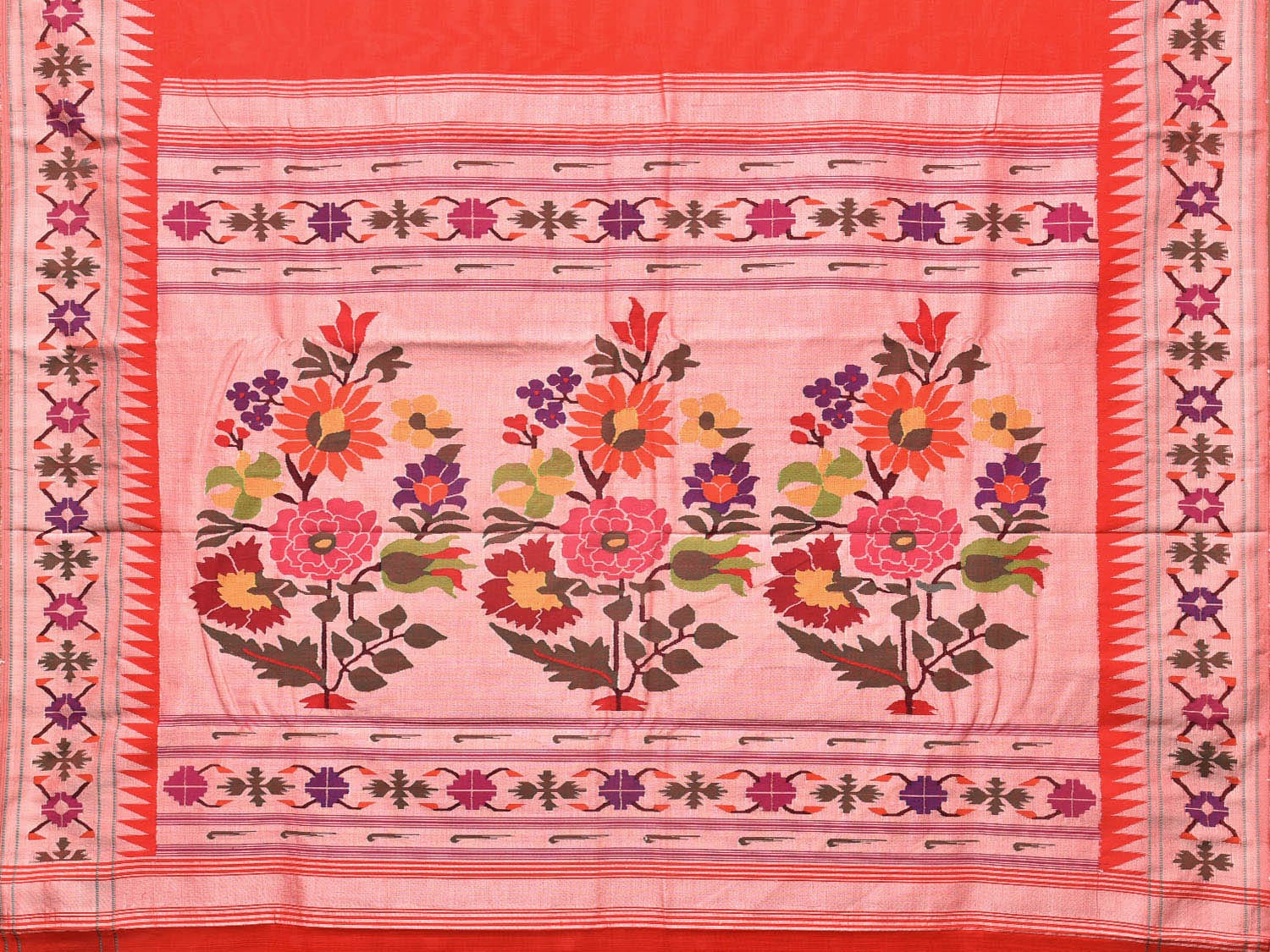Red Paithani Cotton Handloom Saree with Aakruti Border Design p0487