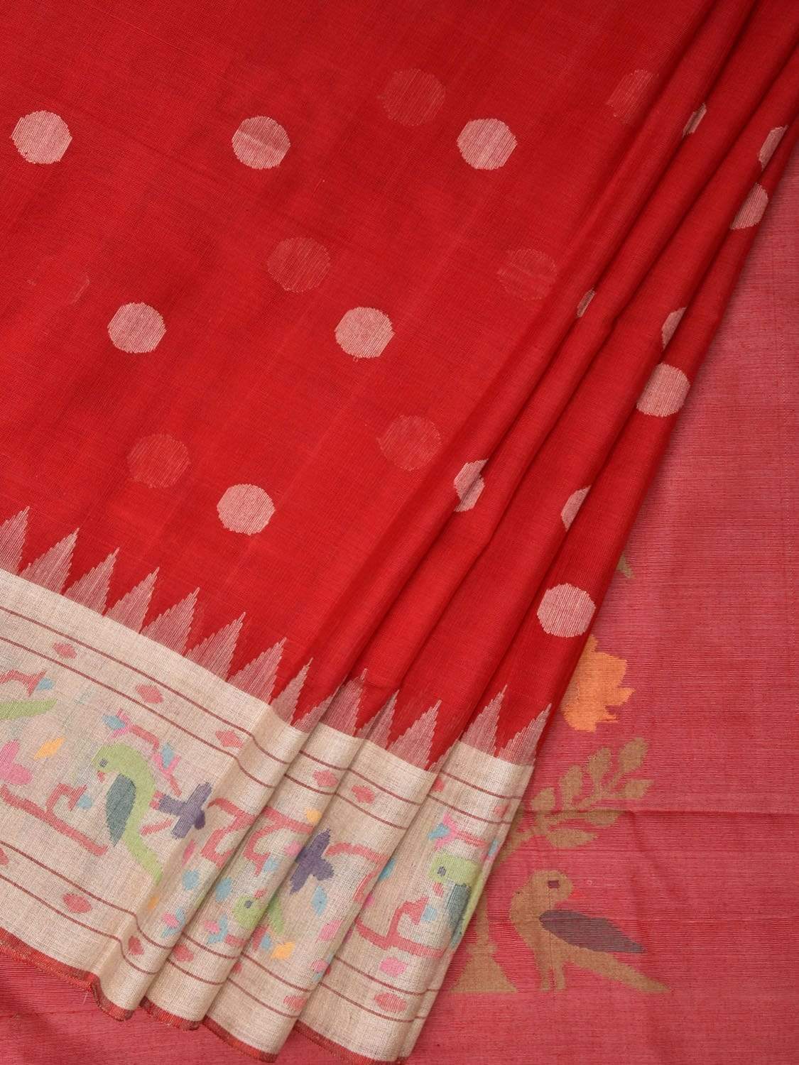 Red Paithani Cotton Handloom Saree with Parrot Border Design p0362