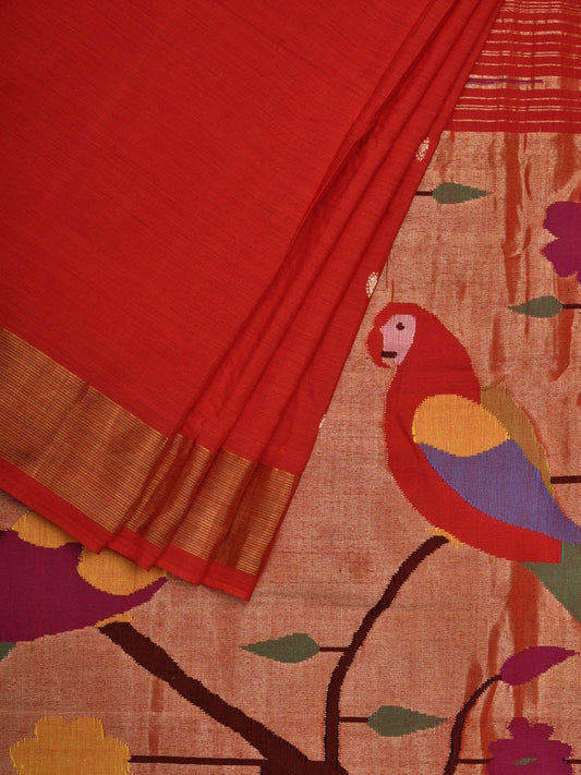Red Paithani Cotton Handloom Saree with Parrots Pallu Design p0415