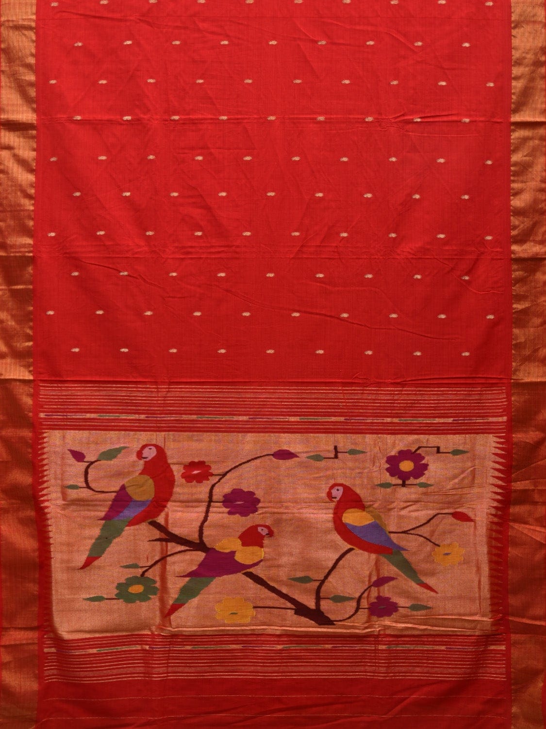 Red Paithani Cotton Handloom Saree with Parrots Pallu Design p0415